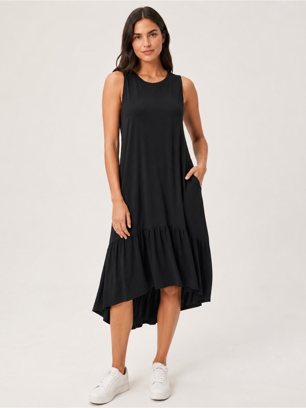 Sweaty Betty Explorer Ace Midi Dress Black High-Low Flounce Hem